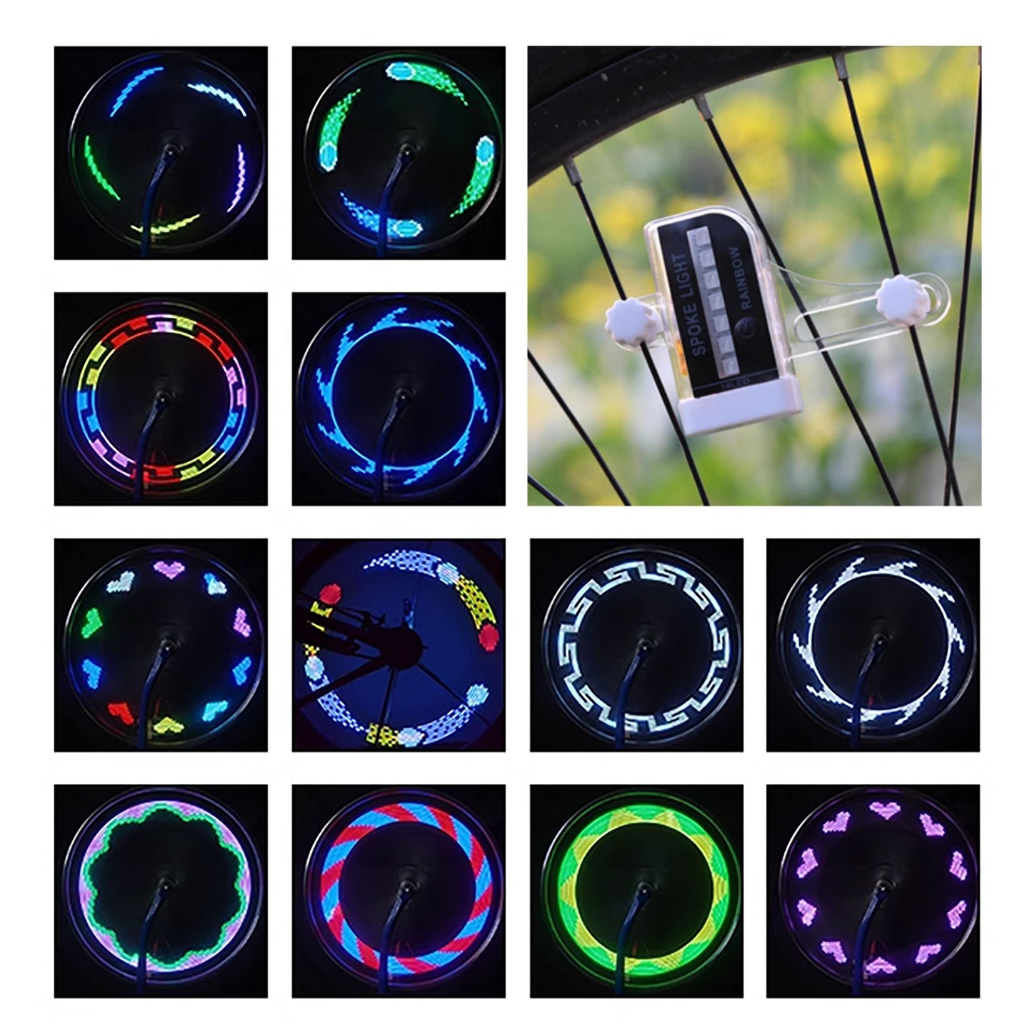 LED cykelljus på hjulets ekrar - Växlar mellan 30 olika färgmönster, 14 LEDs