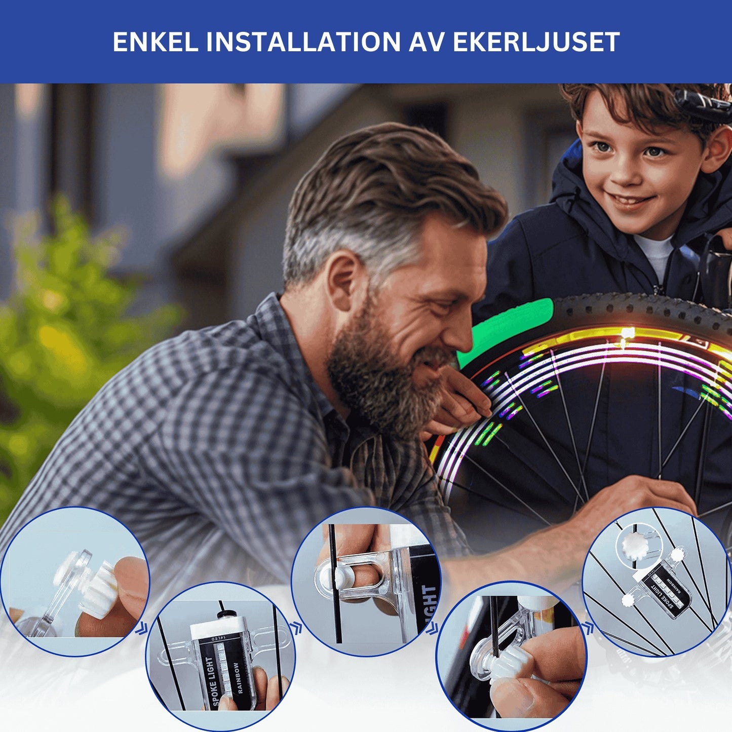 LED cykelljus på hjulets ekrar - Växlar mellan 30 olika färgmönster, 14 LEDs